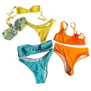 Shein Bikini Swimsuit Set of 3‎ Yellow Floral Orange Teal Twist Front Medium